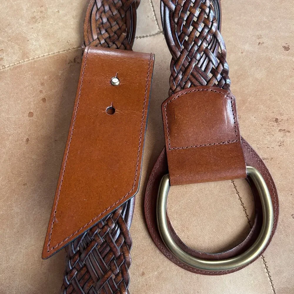 Wide Woven Leather Belt Brown Oversized Ring Buckle Boho Western Cowgirl Women M